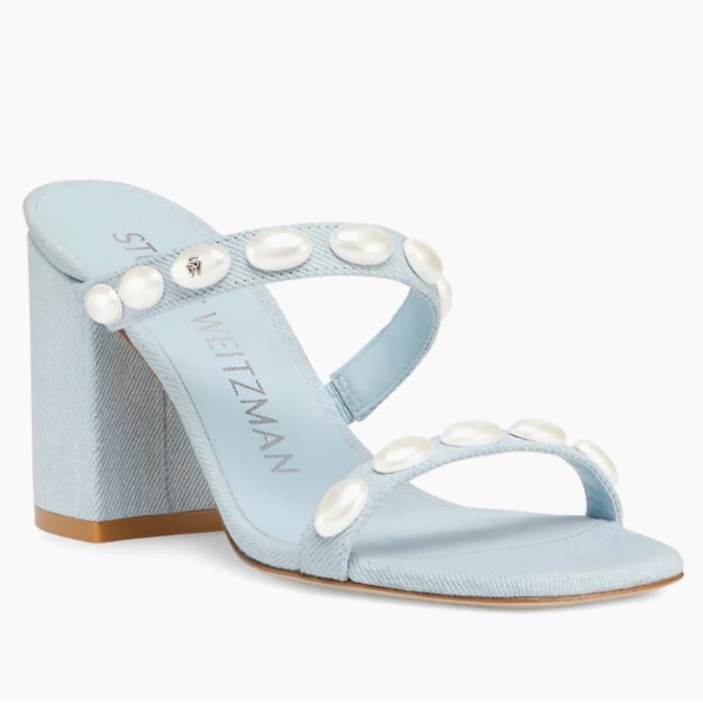 Women’s Stuart Weitzman Pale Blue Pearl-Trim Block Heels / Sandals Size 8